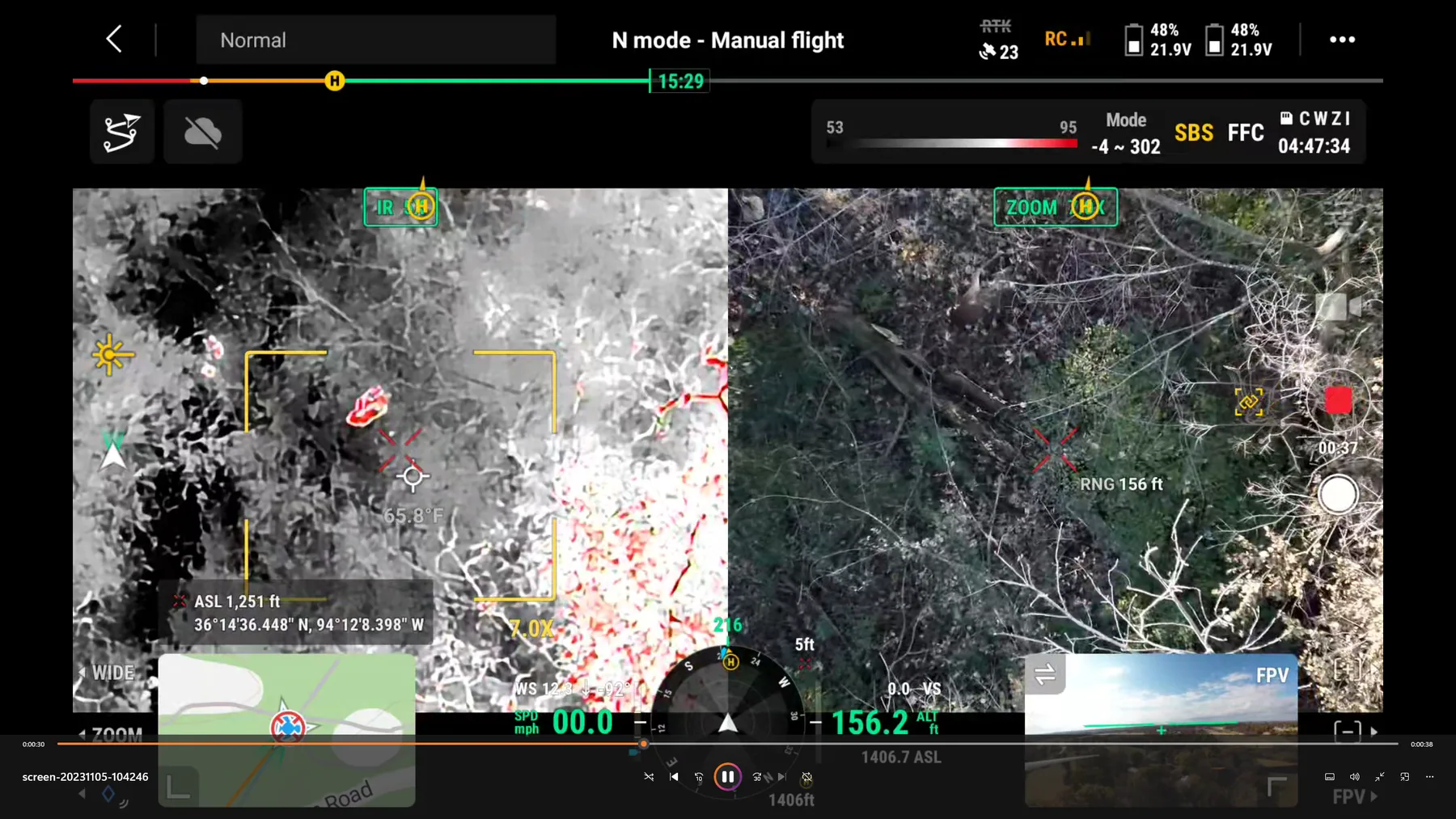 Split-screen thermal and zoom view from the recovery drone controller